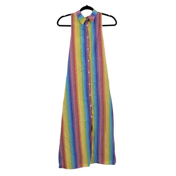 M.D.S. Stripes Shirtdress Dress Rainbow Pinafore Collar A-line Midi Pockets Sz 2 - Picture 6 of 13